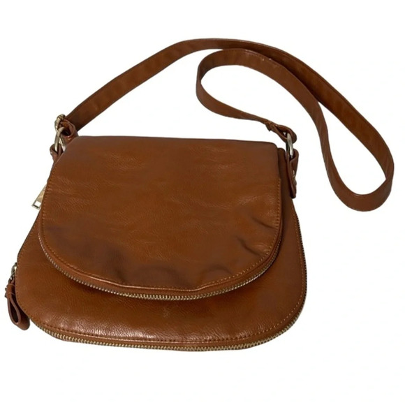 DLG Cognac Brown Faux Leather Saddle Bag Crossbody Purse Adjustable Strap Zips - Picture 13 of 13